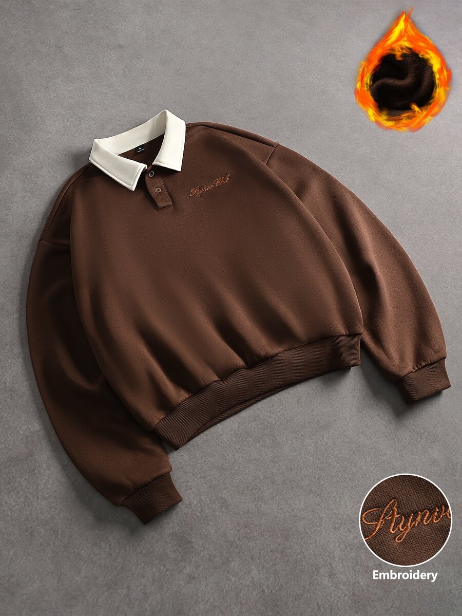 STYNVO 男士純色字母刺繡衛衣,半開襟設計,時尚簡約風格,適合休閒度假、朋友約會、雞尾酒會、沙龍、聚會、晚餐、日常辦公、簡約商務,特別適合秋冬季節,非常適合個人穿著或作為送給朋友的紀念禮物 - 咖啡棕 - 查看 1