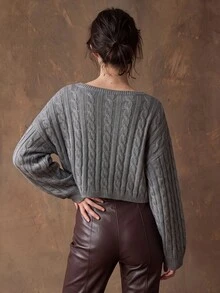 Freevana Sweater Lengan Panjang Wanita dengan Garis Leher Asimetris - Grey - View 2