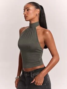 SHEIN BAE 女款羊絨針織高領修身性感休閒可愛優雅灰色上衣，適合四季、約會、夜生活、度假、夜店、通勤 - 軍綠色 - 查看 6