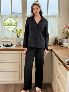 Snug Reverie Women's 100% Pure Cotton Black Open Front Pajama Set, Minimalist Fresh Lace Trim Loungewear Set - Black - View 5