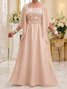 SHEIN CURVE+ Plus Size Women Solid Color Square Neck Lace Applique Patchwork Waist-Cinching Slimming Cape Sleeve Dress Fall - Pink - View 4