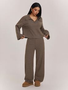 SHEIN PETITE Women's Striped Long Sleeve Top And Pants Casual Daily 2 Pieces Set - Multicolor - View 4
