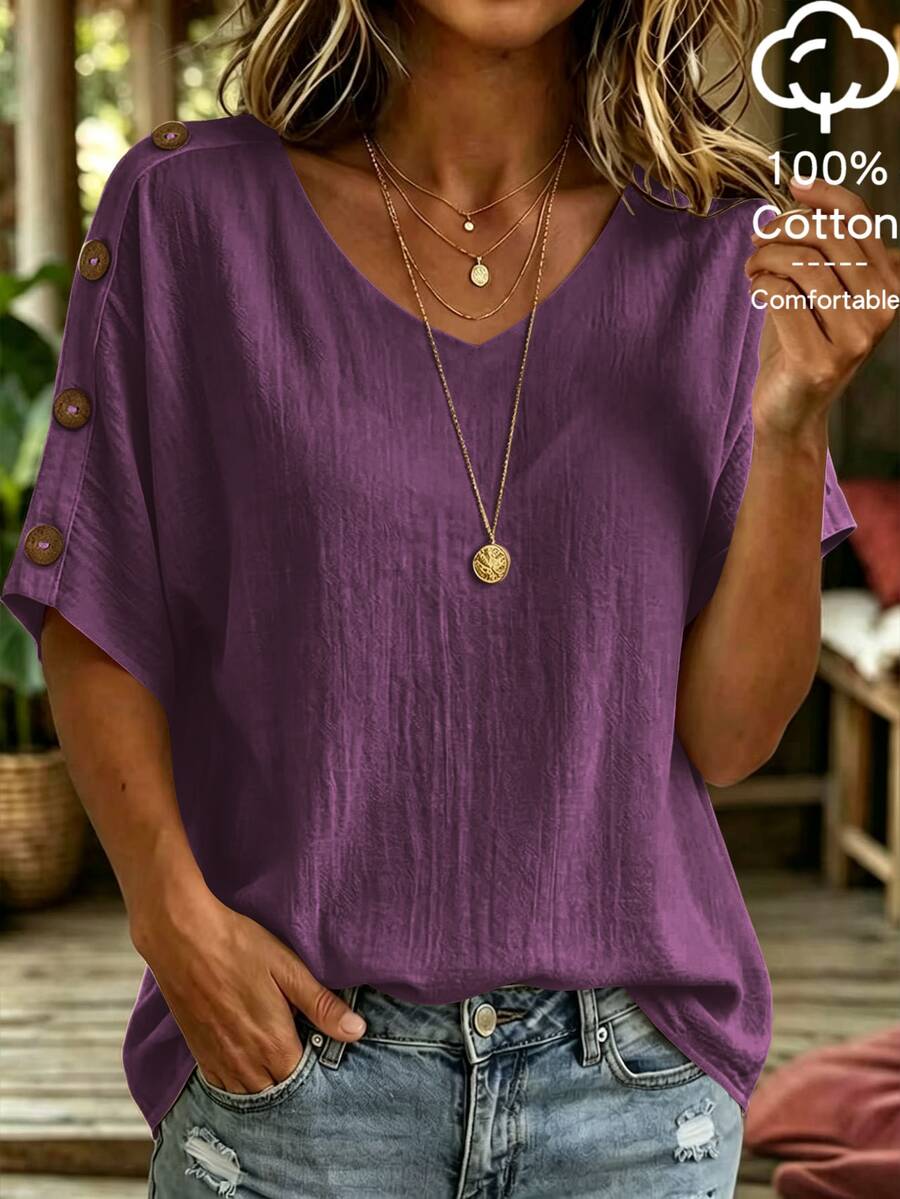 SHEIN LUNE CURVE Kemeja Wanita Ukuran Besar Warna Polos Leher V dengan Dekorasi Kancing 3D Lengan Pendek Kasual Nyaman Longgar - Purple - View 1
