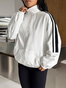 Muchica Women's White Striped Patchwork Stand Collar Zip Up Loose Fit Sports Jacket Gym Jacket Workout Jacket Running Jacket Sportswear Activewear Windbreaker - White - View 2