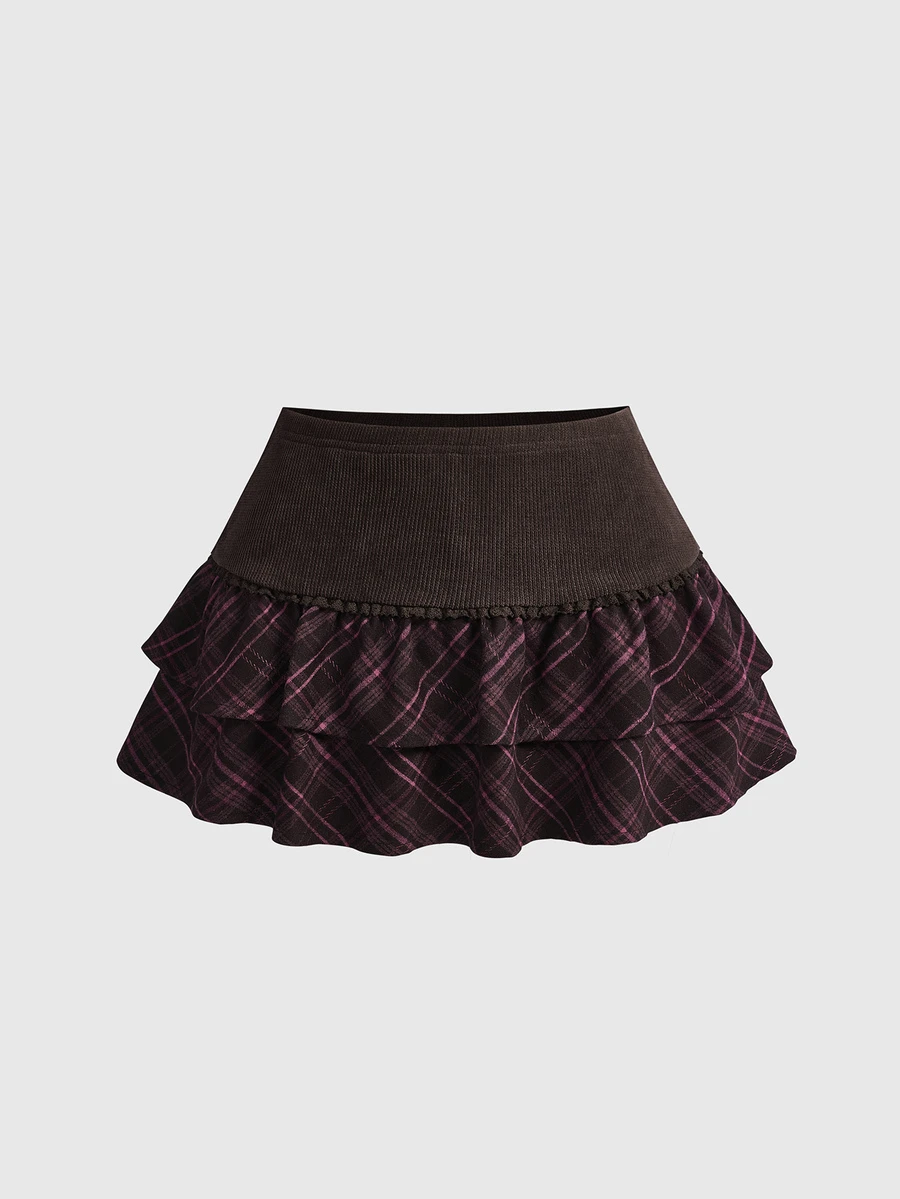 Sweetness Women's Autumn/Winter Brown Plaid Ruffle Hem Skirt - Multicolor - View 1