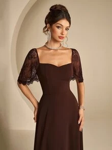 Coutiva Women's Lace Patchwork Elegant Waist-Cinching Formal Prom Graduation Evening Gown Dress Brown Fall - Coffee Brown - View 12