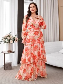 Reflora Plus Size Women's Floral Print V-Neck Ruffle Hem Elegant Dress - Red - View 4