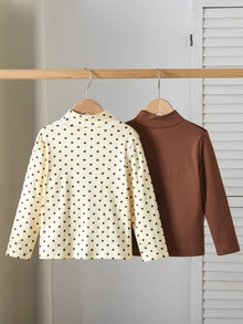 SHEIN 2件組女童幼兒簡約可愛波點印花荷葉邊高領保暖內層T恤上衣，黃色與棕色，秋冬款 - 彩色 - 查看 2