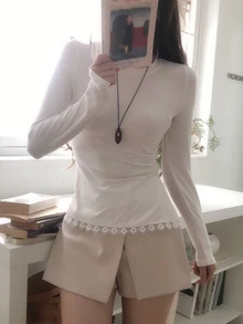 DAZY Women's Round Neck Lace Patchwork Versatile All-Season Korean Style Long Sleeve Solid Color Base Layer T-Shirt - White - View 1