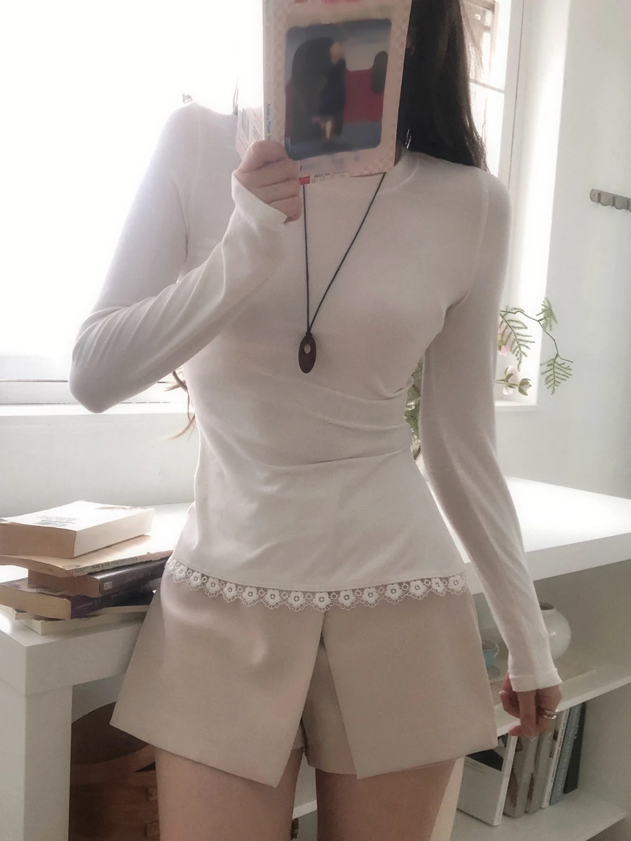 DAZY Women's Round Neck Lace Patchwork Versatile All-Season Korean Style Long Sleeve Solid Color Base Layer T-Shirt - White - View 1