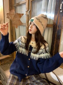 DAZY Women's Round Neck Long Sleeve Colorblock Cardigan, Autumn/Winter - Black - View 4