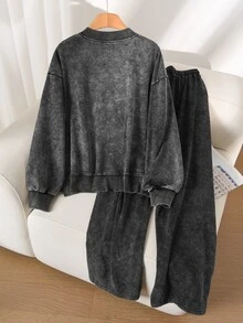 CosyJoli 大尺碼女款落肩長袖青蛙鈕扣門襟夾克與長褲休閒兩件套 - 藏蓝色 - 查看 2