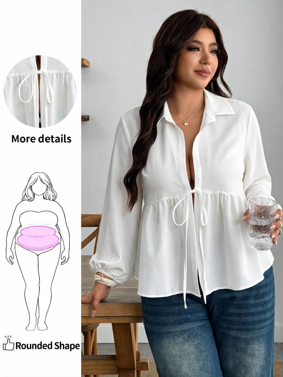 Enliva Plus Size Fall Long Sleeve Tie Front Peplum Blouse Apple - White - View 1