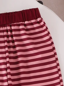 SHEIN Elladie kids 女童棕色領口長袖上衣 + 鬆緊腰長褲套裝，柔軟休閒兒童兩件套服裝，適合周歲、7歲生日、秋季 - 酒紅色 - 查看 4