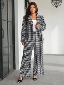 Chikora Plus Size Women's Houndstooth Lapel Neck Long Sleeve Jacket And Wide Leg Pants Elegant Suit Set - Blue - View 3