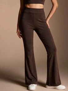 SHEIN BASICS سروال ضيق نسائي بخصر عالي بلون موحد مرن ومشدود - شوكولاته بني - مشاهدة 8