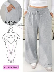 Solflare Plus Size Women's Drawstring Waist Pocket Loose Straight Leg Pants - Grey - View 1