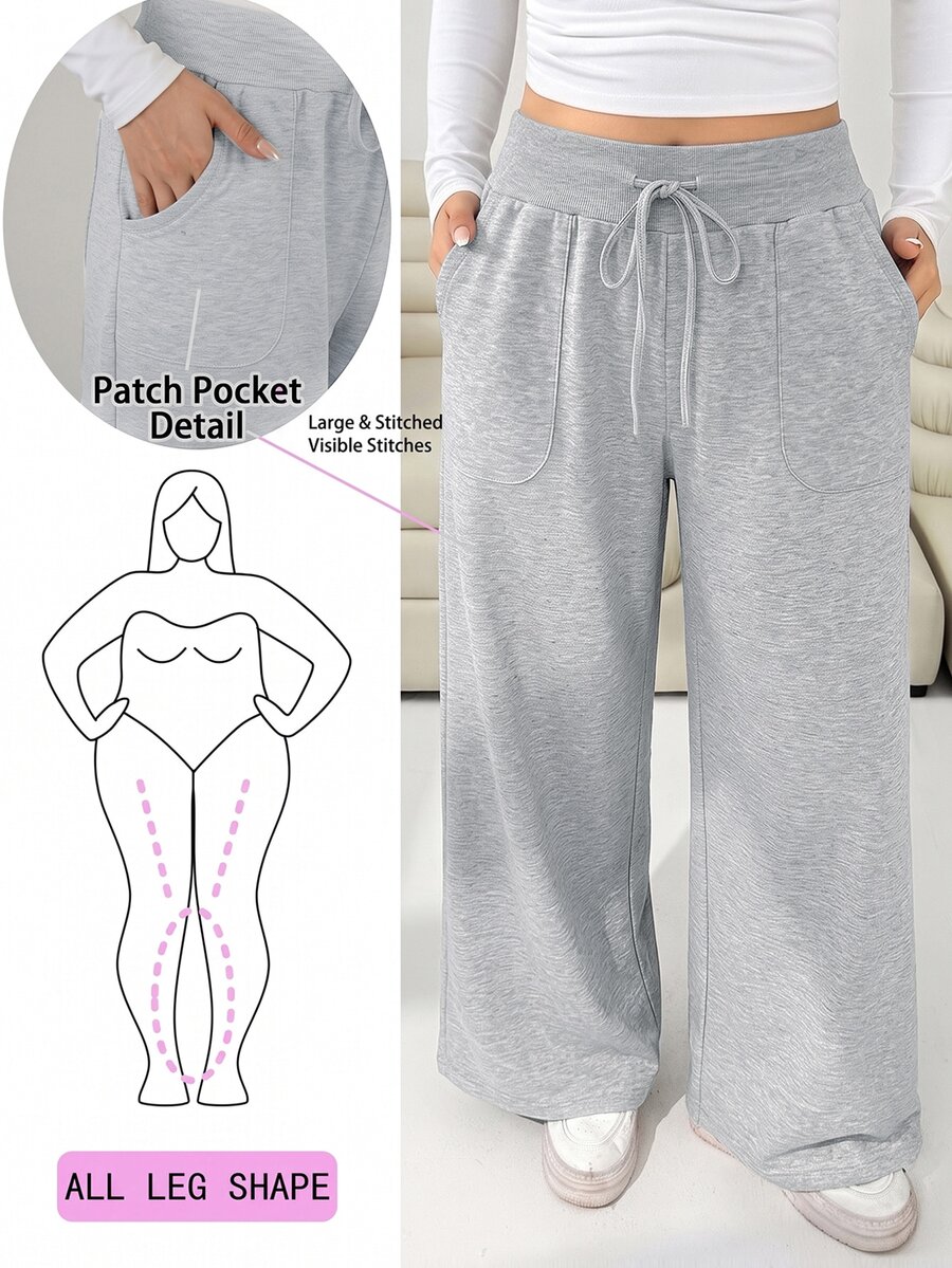Solflare Plus Size Women's Drawstring Waist Pocket Loose Straight Leg Pants - Grey - View 1