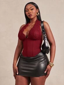SHEIN SXY 黑色彈性蕾絲掛脖無袖性感女款上衣 - 酒紅色 - 查看 4