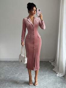 SHEIN Elenzya Women's Solid Color Long Sleeve Collared Waist-Cinching Button-Up Dress - Pink - View 3