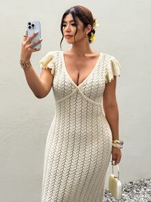Firerie 大尺碼女款優雅浪漫度假風長版針織毛衣洋裝，波浪袖，淡黃色，適合春夏旅行 - 米色 - 查看 9