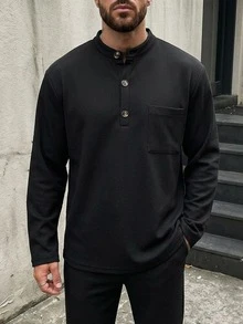 DAZY 男士黑色長袖華夫格針織亨利領半開襟鈕扣通勤襯衫式T恤 - 黑色 - 查看 1