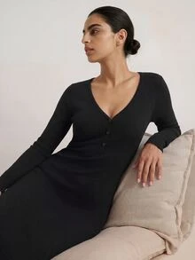Ocili Studio Women's V-Neck Long Sleeve Button-Front Solid Color Loungewear Dress - Black - View 1