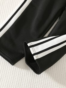 SHEIN 兒童小男孩側邊裝飾黑白對比運動長褲 - 黑色 - 查看 4