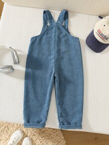 SHEIN 兒童小男孩秋季新品簡約休閒時尚燈芯絨牛仔吊帶褲連身褲，適合秋冬穿著 - 藍色 - 查看 2