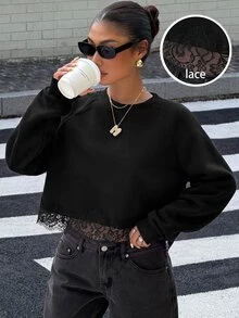 Muchica 女款圓領素色蕾絲飾邊拼接時尚休閒運動衫 - 黑色 - 查看 1