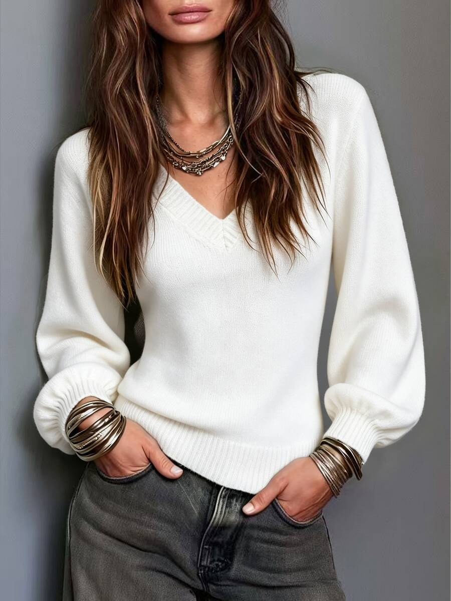 Trelyra V-Neck Long Sleeve Lantern Sleeve Solid Color Sweater - White - View 1