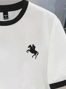Manfinity Hypemode Plus Size Men's Crew Neck Contrast Trim Graphic Print Casual Minimalist Short Sleeve T-Shirt - Black and White - View 2