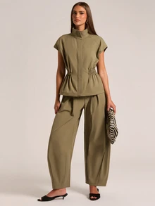 SHEIN BAE Women's Solid Color Versatile Casual Elastic Waist Curved Leg Tapered Long Pants - Army Green - View 1