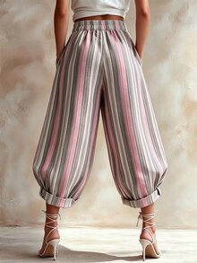 SHEIN 女款復古粉色條紋波希米亞風寬腿長褲，休閒長褲，適合度假、日常通勤與派對 - 彩色 - 查看 2