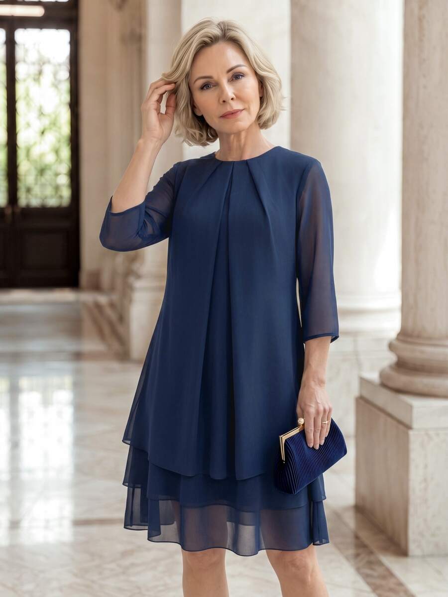 EMERY ROSE Middle-Aged Women Solid Color Round Neck Pleated Design Multi-Layer Ruffle Hem Casual Loose Fit Dress - Navy Blue - View 1