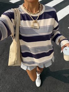 SHEIN EZwear 女款拼色休閒日常長袖T恤，適合夏季 - 彩色 - 查看 7