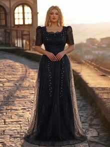 Glamrae Plus Size Elegant Romantic Square Neck Short Sleeve Sheer Rhinestone & Pearl Embellished Full A-Line Heavy Work Evening Dress For Wedding, Party, Celebration, Formal Occasion And Event - Black - View 6
