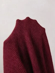 SHEIN 麻灰米色前領結針織上衣，寬鬆氣球袖短版毛衣，柔軟休閒 V 領針織衫 - 酒紅色 - 查看 8