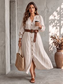 Ceyna Striped Plus Size Women's Notch V-Neck Long Sleeve Single-Breasted Casual Dress - Beige - View 6