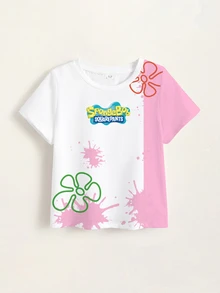 SpongeBob SquarePants | SHEIN Young Girl Cartoon Print Casual Daily Short Sleeve T-Shirt - White - View 5