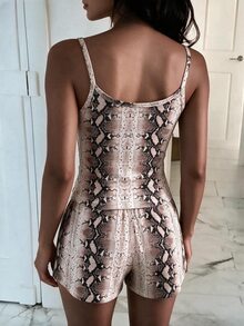 Franclia Women's Snake Print Camisole Top And Elastic Waist Shorts Casual Vacation 2 Pieces Set - Brown and White - View 7