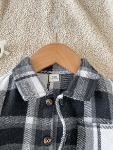 SHEIN Playful Pals 1件男嬰幼兒格紋襯衫，可愛黑白口袋鈕扣長袖領口常規款，適合秋季派對、萬聖節、假日、聖誕節活動 - 黑色 - 查看 3