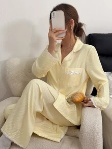 Napfluff Exquisite Lace Trim Striped Pajama Set, Minimalist Lapel Button Design Long Sleeve Comfortable Loungewear - Yellow - View 1
