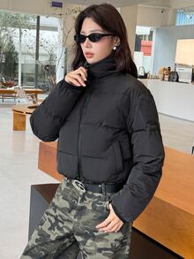 K-Vae Women's Black Hooded Cotton Padded Cropped Jacket, Autumn/Winter - Black - View 4