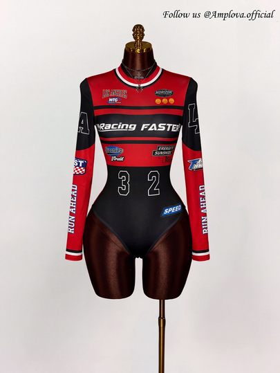 Amplova Body pentru femei, croială slim, cu guler fals și mânecă lungă, top casual minimalist sportiv streetwear Y2K, cu imprimeu motociclist stil colegial cu numere și litere, negru și roșu, versatil pentru toamnă/iarnă, petreceri, aeroport și ieșiri