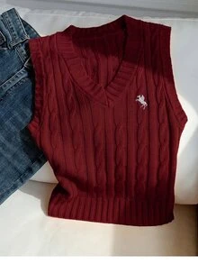 Comfortcana 秋冬純色扭繩編織V領馬術Logo休閒大尺碼針織背心 - 酒紅色 - 查看 6