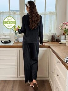 Snug Reverie Women's 100% Pure Cotton Black Open Front Pajama Set, Minimalist Fresh Lace Trim Loungewear Set - Black - View 9