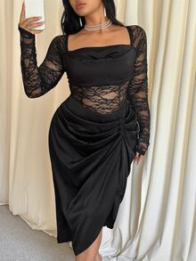 GalTyme Plus Size Women's Contrast Lace Long Sleeve Square Neck Pleated Asymmetric Design Dress - Black - View 1
