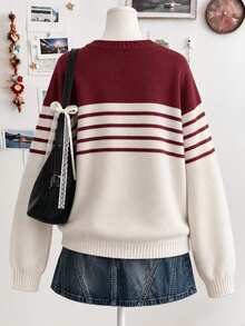 Lalippa Sweater Lengan Panjang Wanita Kerah Bulat Warna Kontras Garis Horizontal Kasual Serbaguna untuk Sehari-hari - Grey - View 2
