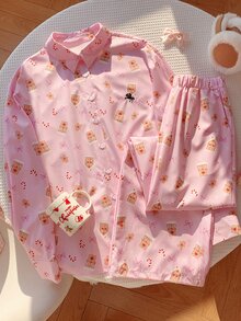Comfortcana Women's New Striped Embroidered Loose Shirt And Pants Set - Pink - View 4